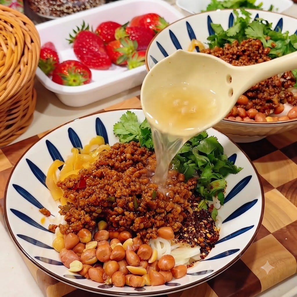 肉味噌、ピーナッツ、トッピングが入った器に、お玉から熱い麺の茹で汁が注がれている様子。