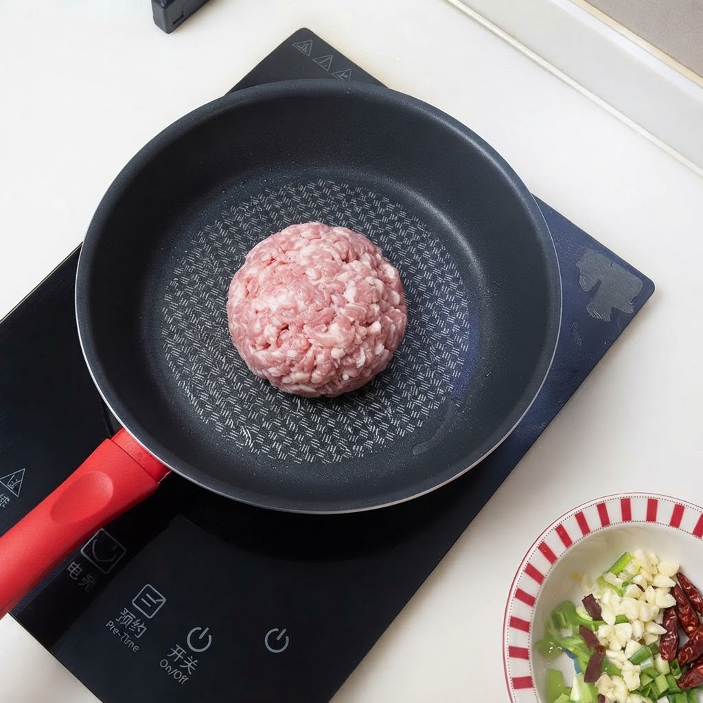 IHクッキングヒーターの上の黒いフライパンで豚ひき肉を炒めている様子。