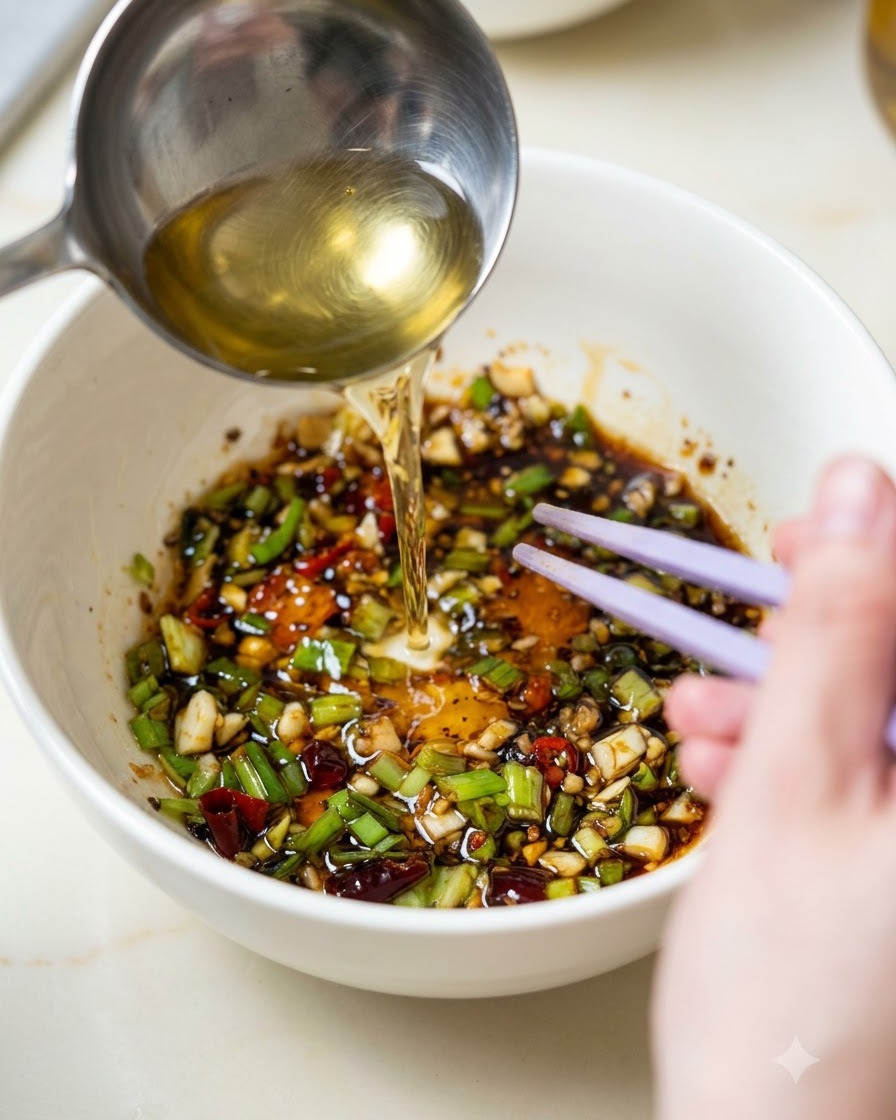 箸を使って茹で上がった麺を味付け用のボウルに移している様子。