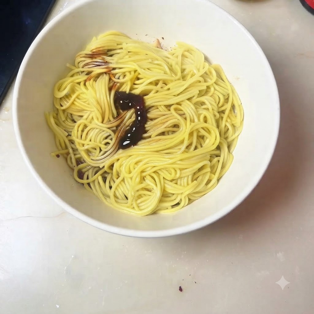 白いボウルの中の麺に十三香パウダーと砂糖をかけている様子。