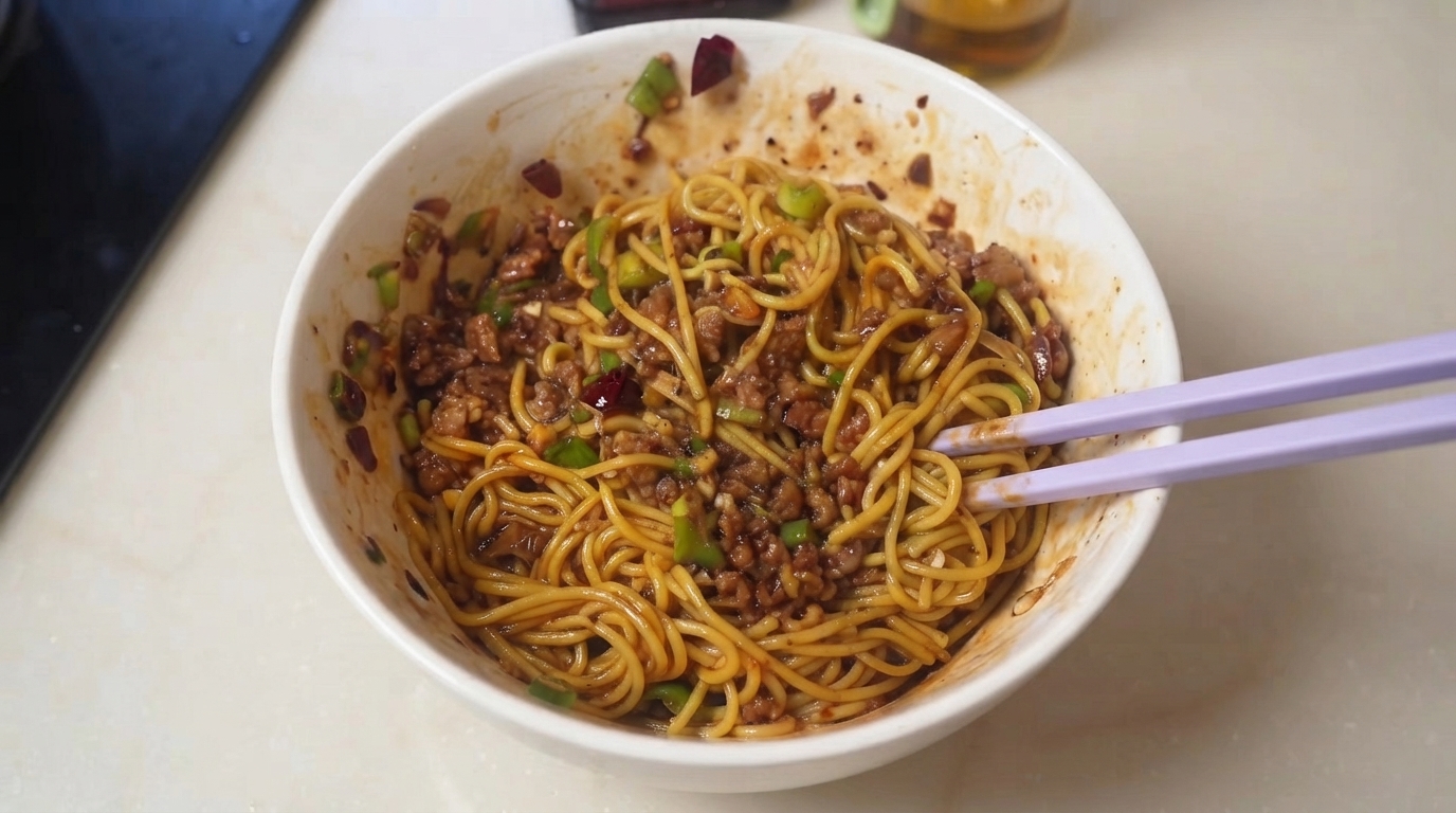 刻みネギとピリ辛の薬味をトッピングした、出来立ての挽き肉まぜ麺。