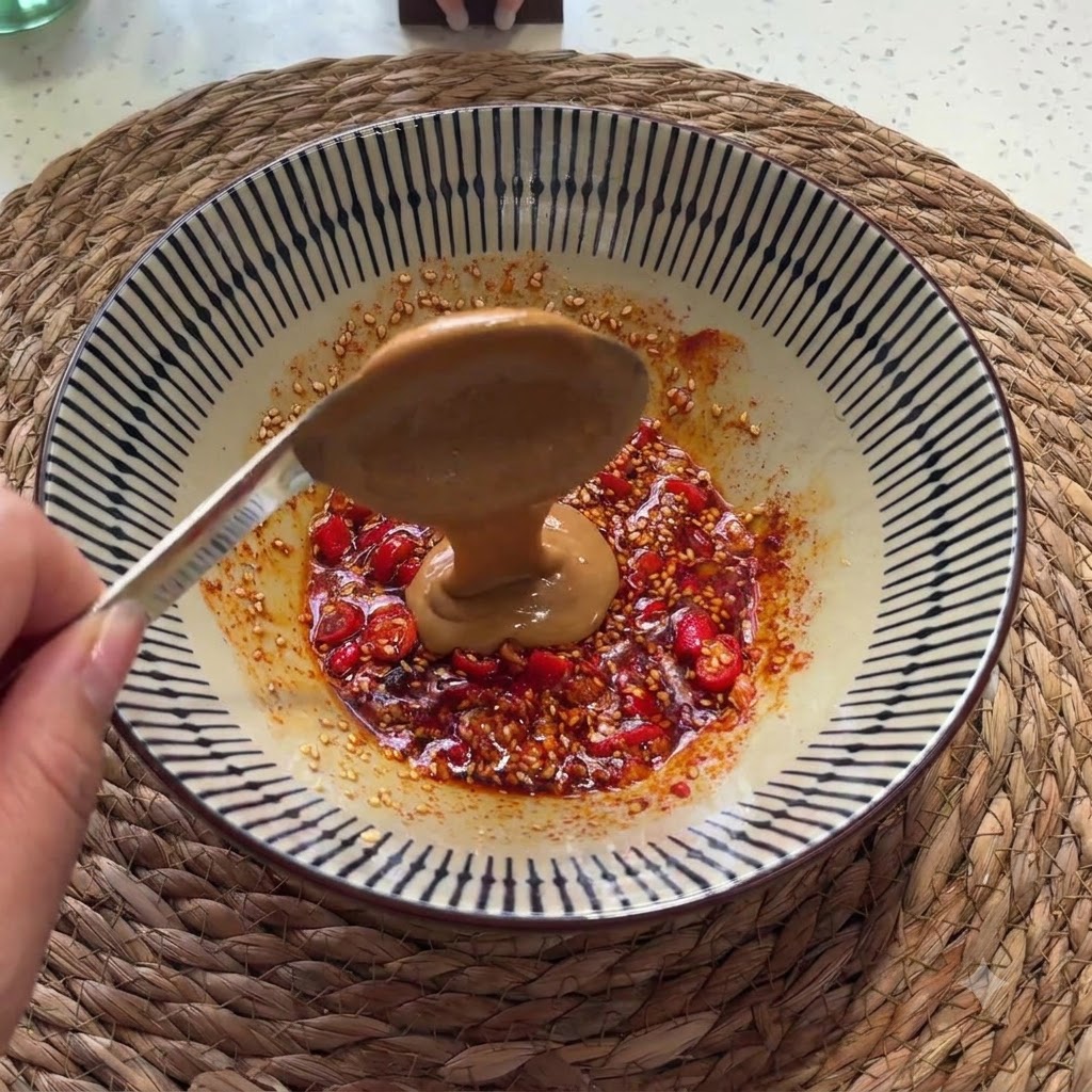ボウルの中の味付けされた油の混合物に、スプーンですくったエルバペーストを加え入れている様子。