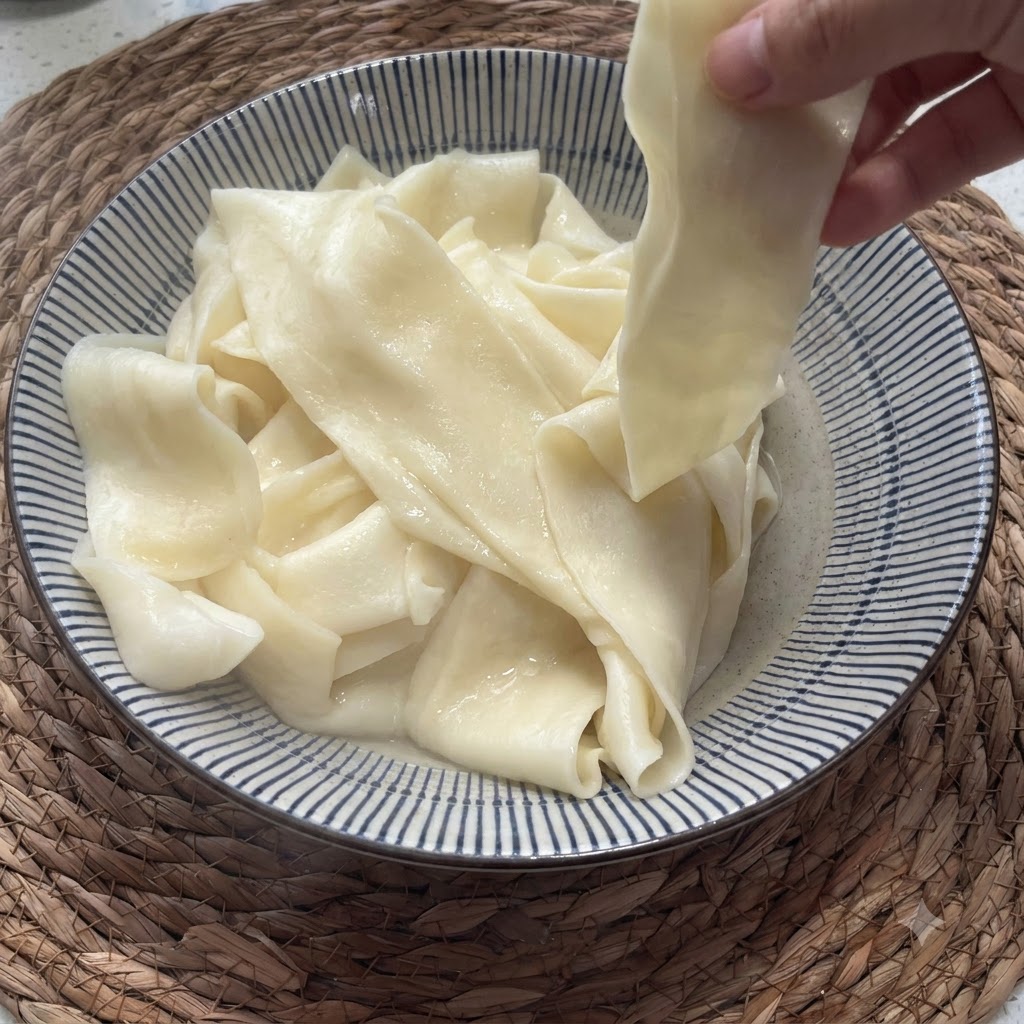茹でたての幅広麺が入ったボウルを持ち上げ、滑らかでしなやかな質感を強調している様子。