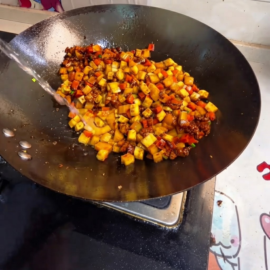 角切りの野菜と肉が入った中華鍋にお湯を注ぎ入れている様子。