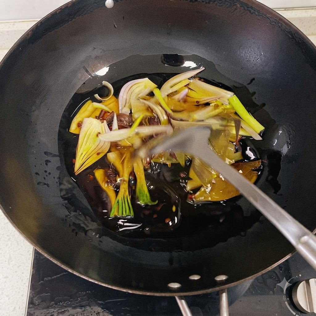 中華鍋の中で、くし形切りの玉ねぎ、わけぎ、スパイスなどの香味野菜を熱した油で炒めている様子。