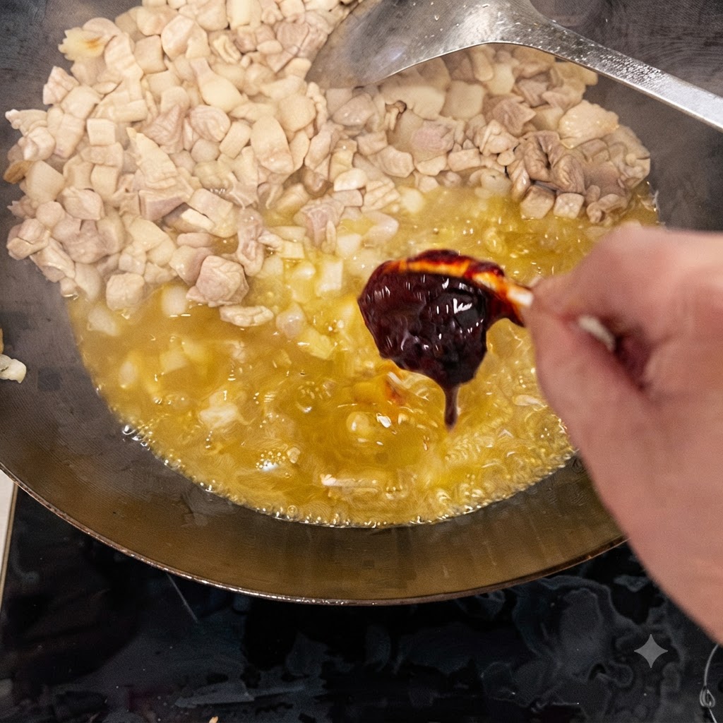 中華鍋の中で油の中に浮かぶ豚肉に、スプーン一杯の濃い色の豆板醤を加えている様子。