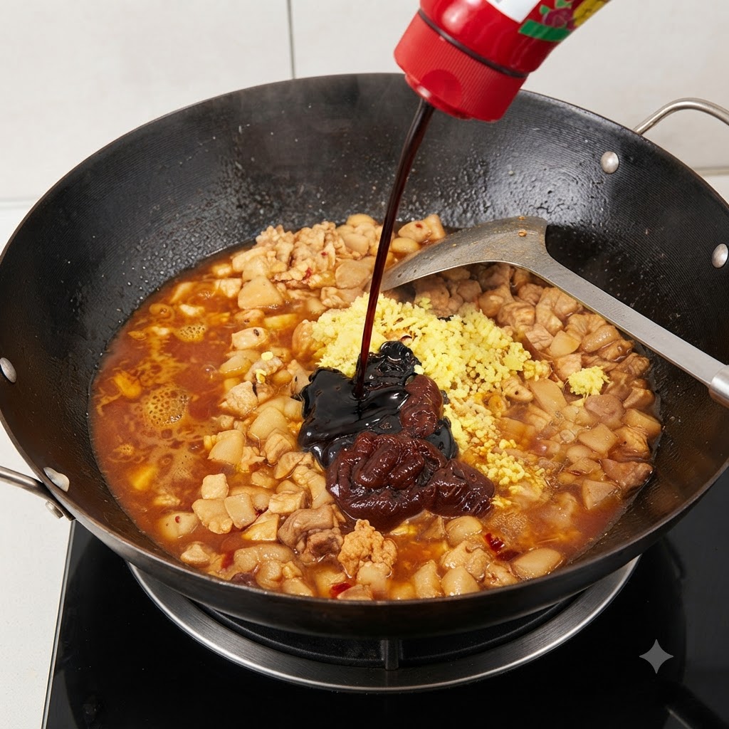 肉とスパイスの入った中華鍋に、醤油、オイスターソース、氷砂糖を注ぎ入れている様子。