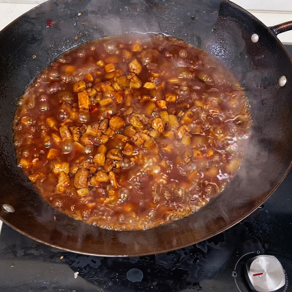煮込み中の肉とソースが入った中華鍋に、お湯を注ぎ入れている様子。