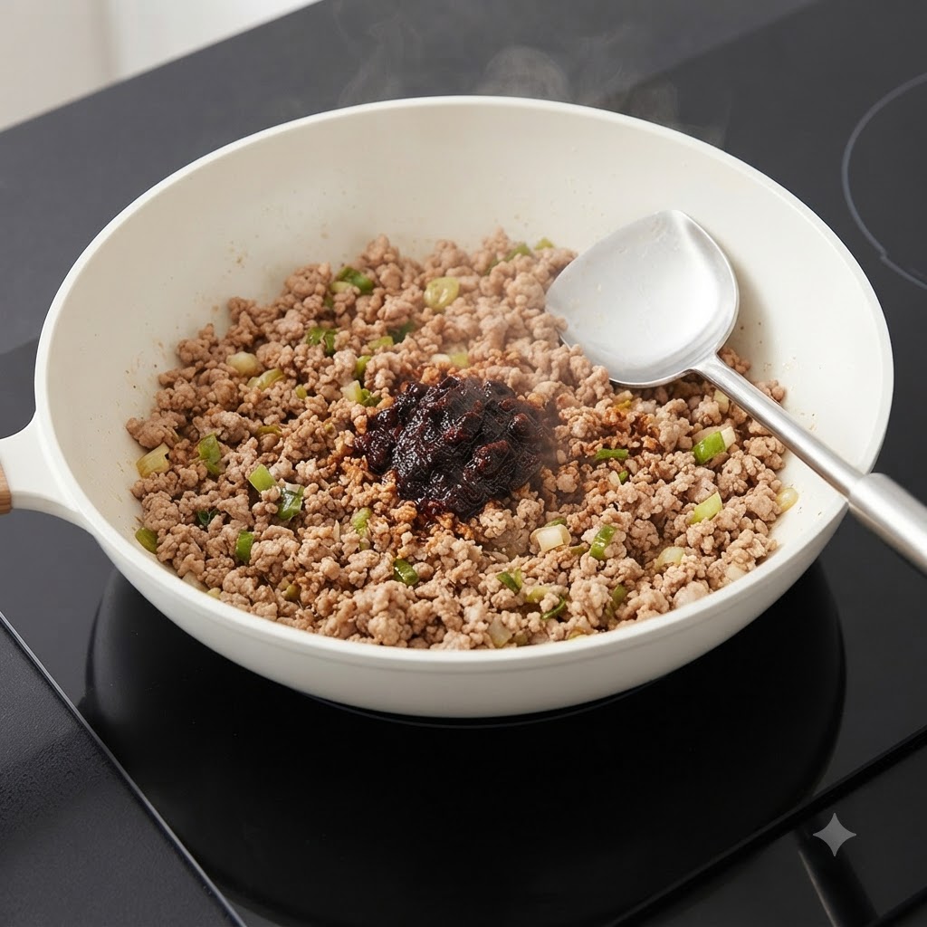炒めた豚肉と長ねぎが入ったフライパンに、濃い色の味噌ダレを投入している様子。