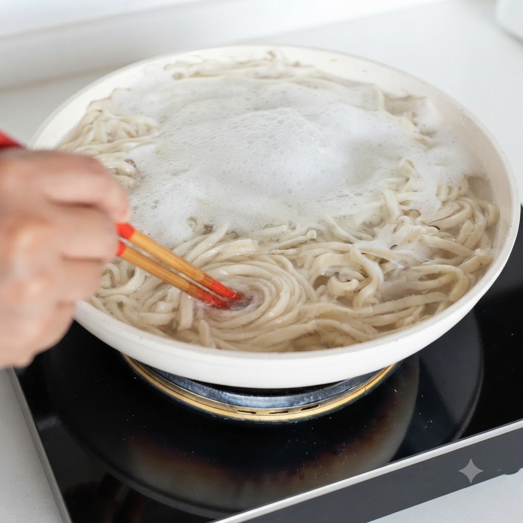 大きな鍋の中で、表面に気泡が立ちながらグツグツと沸騰したお湯の中で麺が茹でられている様子。