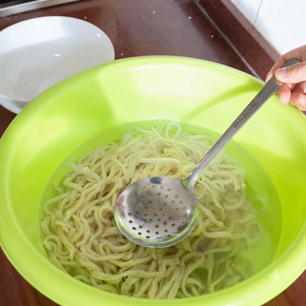 穴あきお玉を使い、茹で上がった麺を冷水の入ったボウルに入れてしっかりと洗っている様子。
