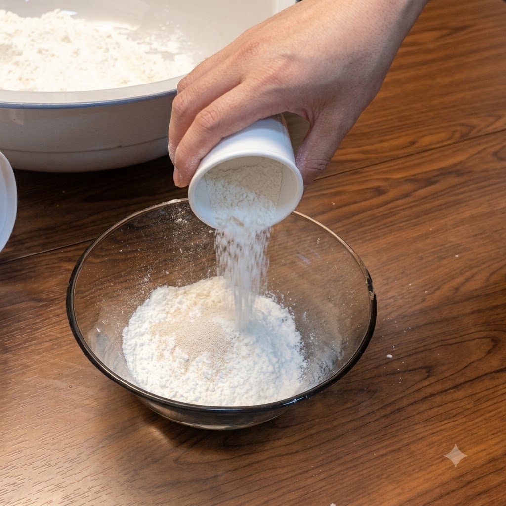 小麦粉が入ったガラスボウルにイーストと水が注がれている様子。