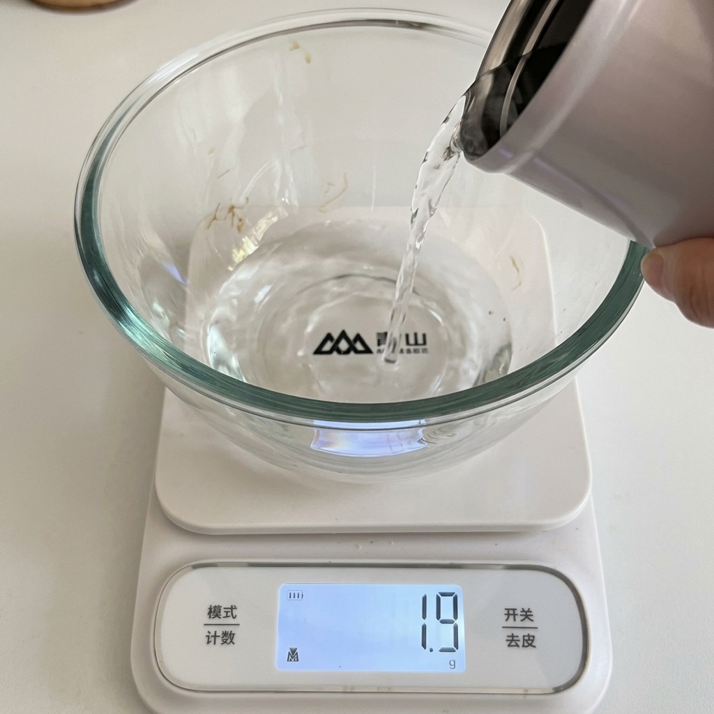 キッチンスケールに置いたガラスボウルで水とインスタントドライイーストを計量している様子。