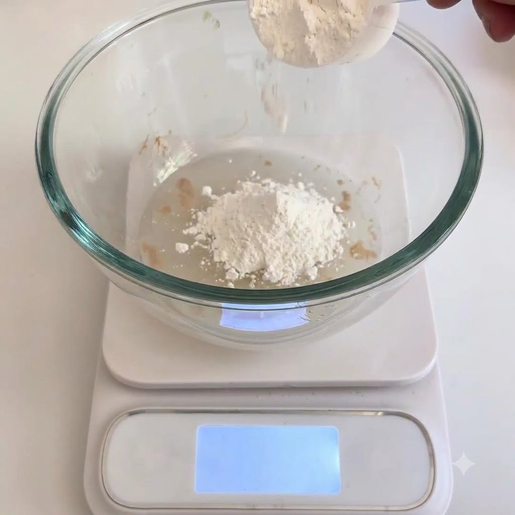 水とイーストが入ったガラスボウルに強力粉と塩を投入している様子。