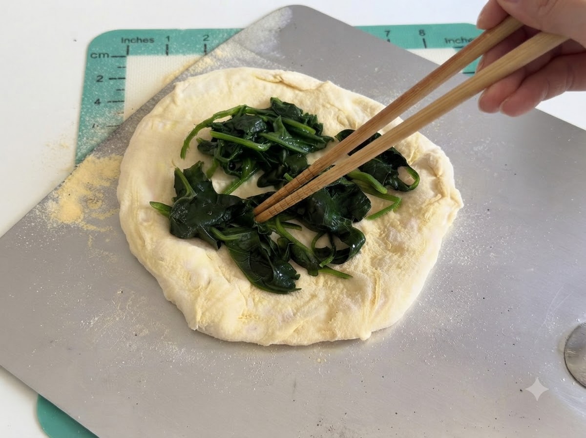 箸を使って伸ばしたピザ生地の上に加熱したほうれん草を乗せている様子。