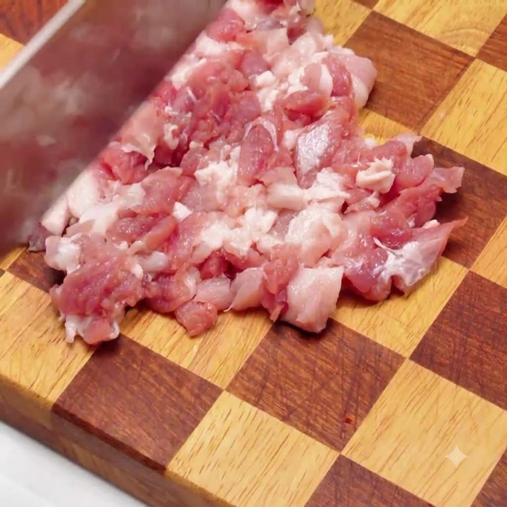 木製のまな板の上で、包丁を使って豚バラ肉を丁寧に小さなサイコロ状に切っている様子。