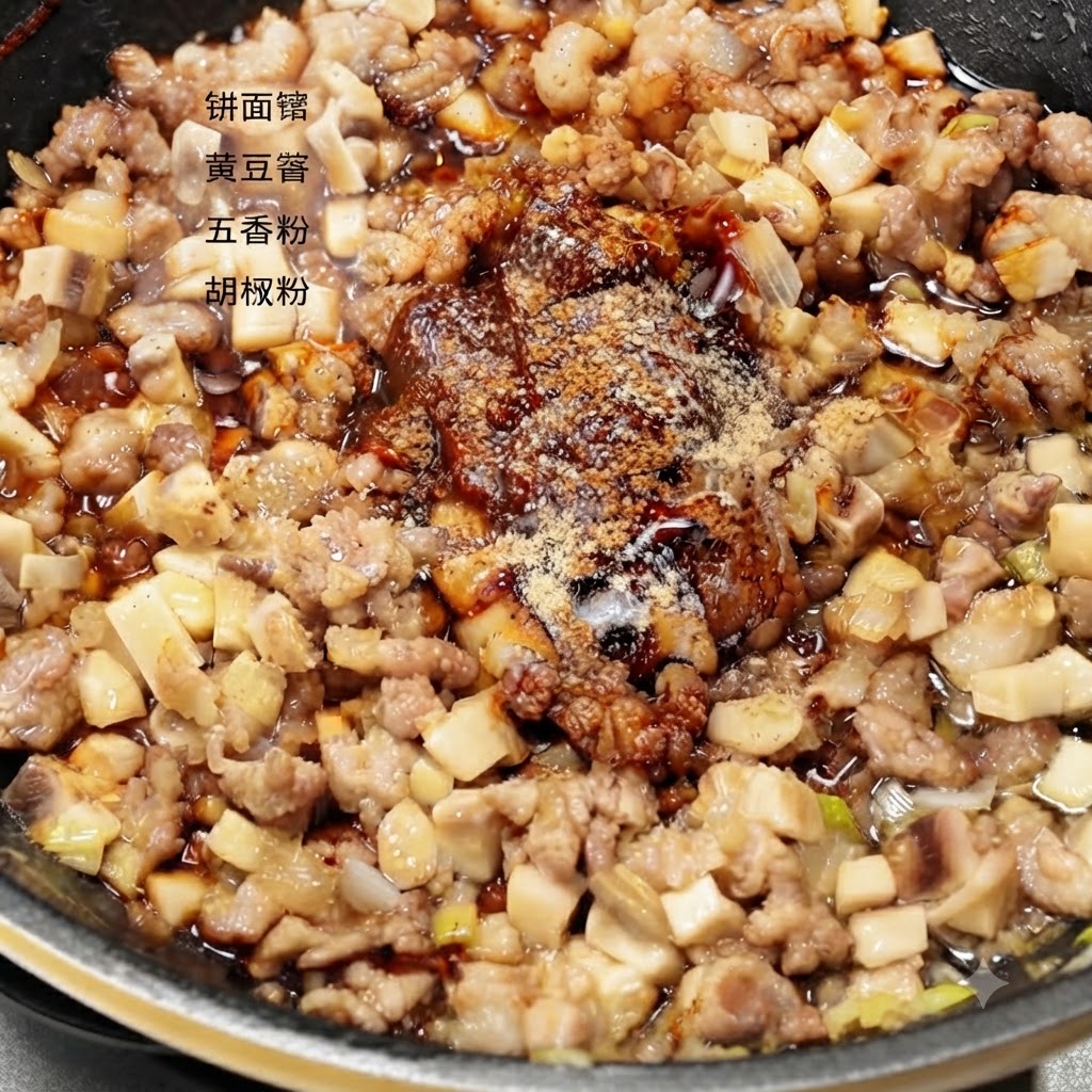 肉、マッシュルーム、調味料、スパイスが入った鍋に、透明な水を注ぎ入れている様子。