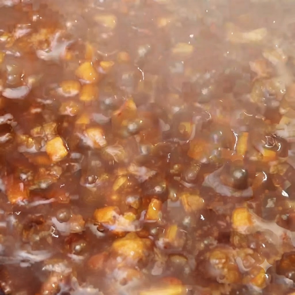 沸騰している肉味噌のソースに、水溶き片栗粉を回し入れている様子。