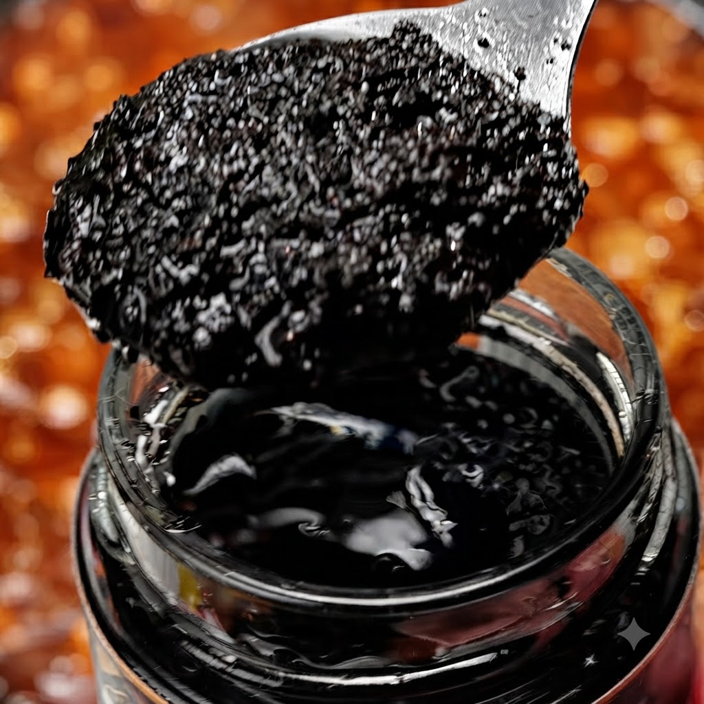 ガラス瓶の上にかざされた、黒トリュフペーストをすくったスプーンが料理に加えられる直前の様子。