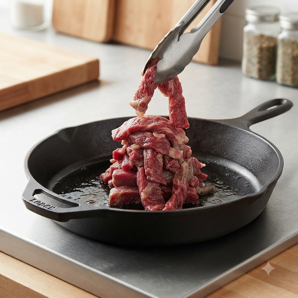 トングを使って、熱した鋳鉄製のフライパンで牛肉の薄切りをきつね色になるまで炒めているところ。