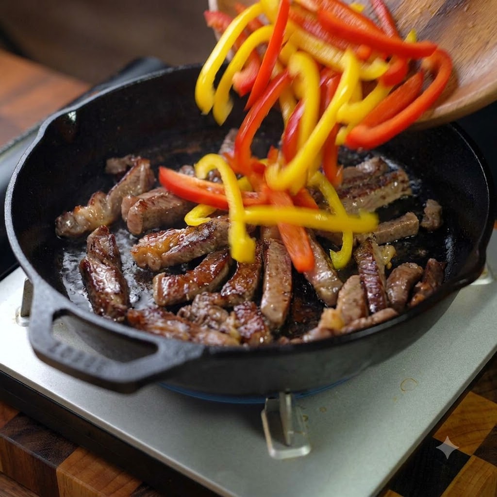 牛肉の入ったフライパンに、スライスした赤と黄色のパプリカが加えられて一緒に炒められているところ。