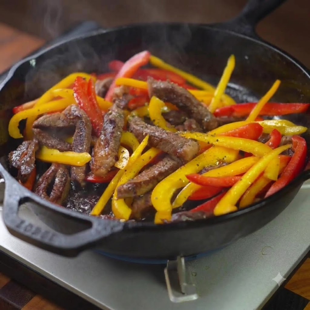 フライパンの中の牛肉とパプリカの混合物に、塩と黒こしょうが振りかけられているところ。