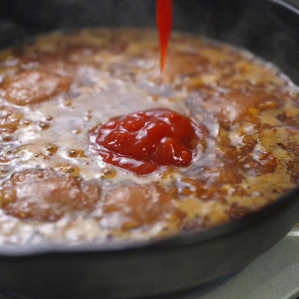 ぐつぐつと煮えるフライパンのソースの中に、トマトペーストと醤油が加えられているところ。