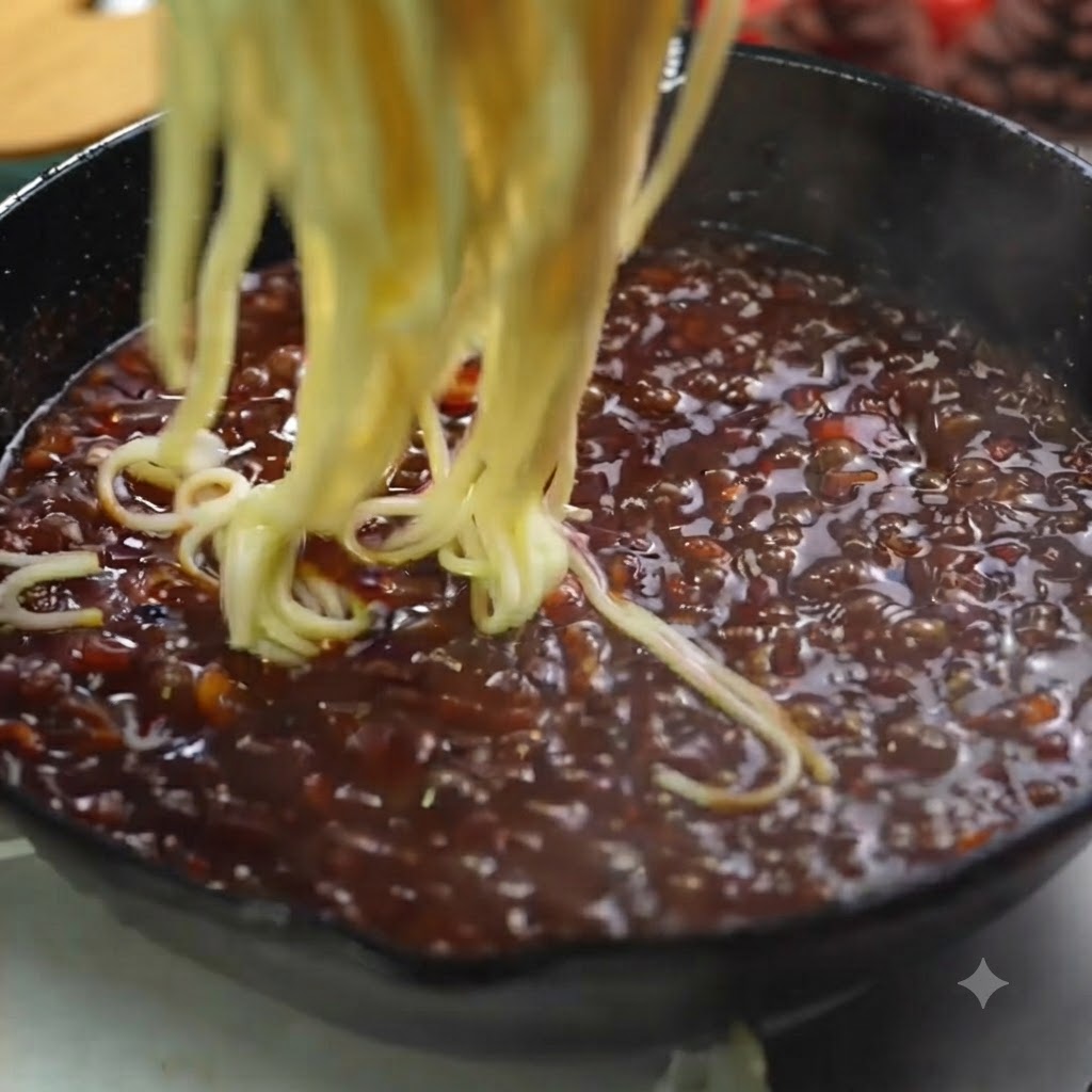 茹で上がったばかりのスパゲティの麺を持ち上げ、濃厚なトリュフパスタソースの入ったフライパンに入れているところ。