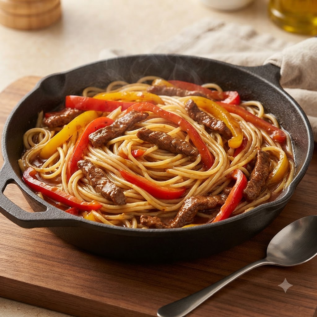 調理済みのスパゲティ麺、スライスしたパプリカ、ソースが絡んだ牛肉が入った鋳鉄製のフライパン。