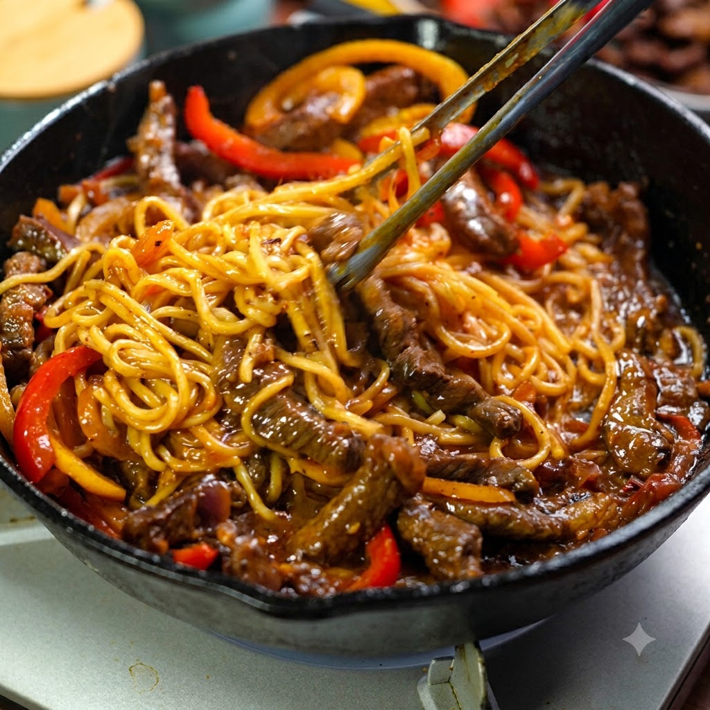 料理用箸やトングを使い、濃厚なソースの中でスパゲティの麺、牛肉、パプリカをフライパンで手早く和えているところ。