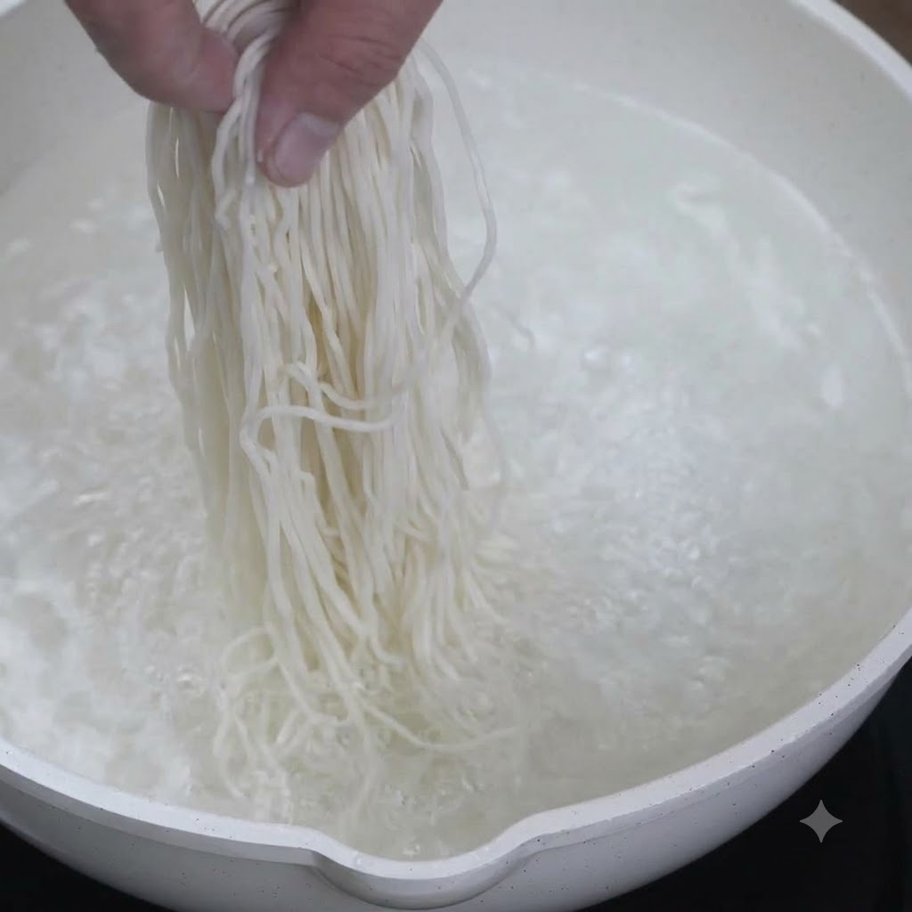 沸騰して泡立っているお湯の入った鍋に、生麺を入れている様子。