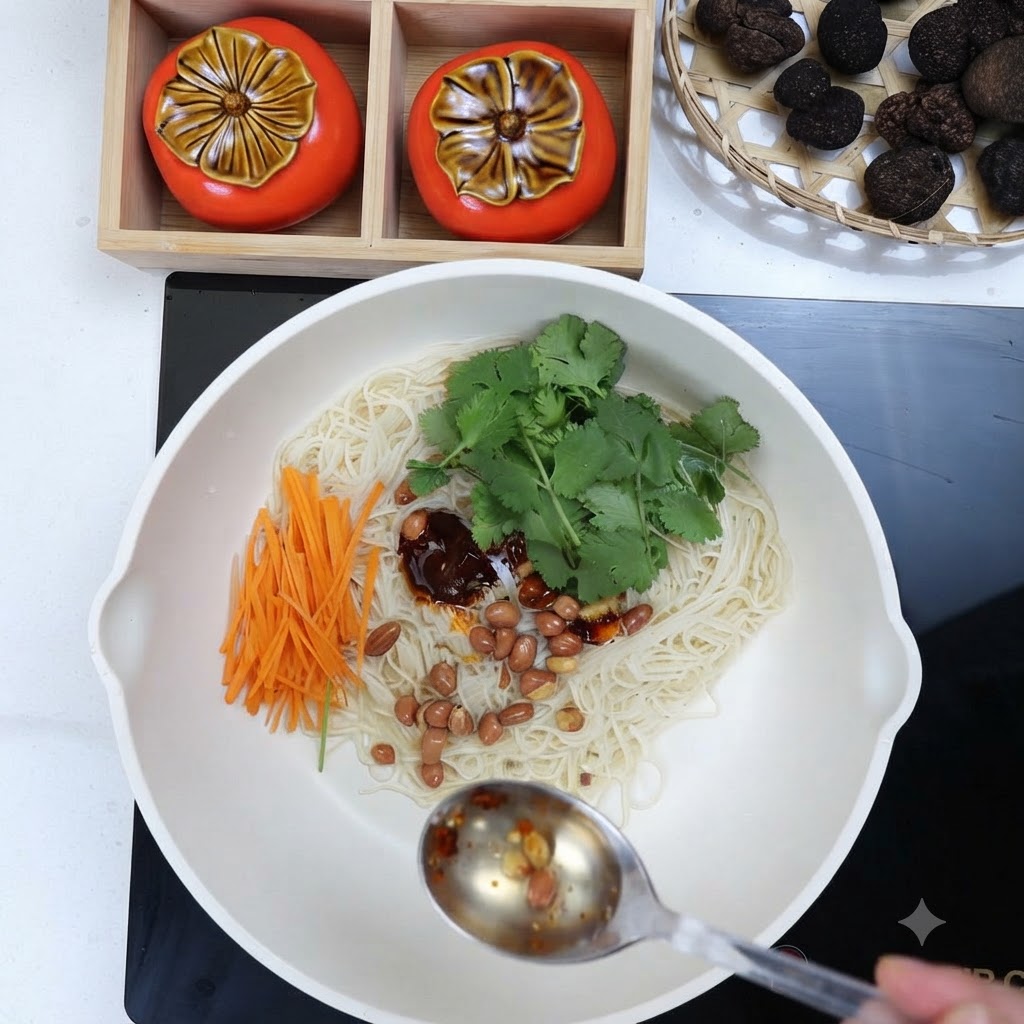 白いフライパンに入った麺と新鮮な具材の上に、スプーンでラー油をかけている様子。