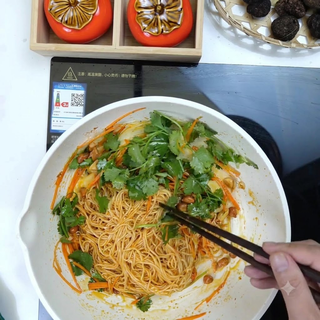 白いフライパンの中で、箸を使って麺と色鮮やかな具材を混ぜ合わせている様子。