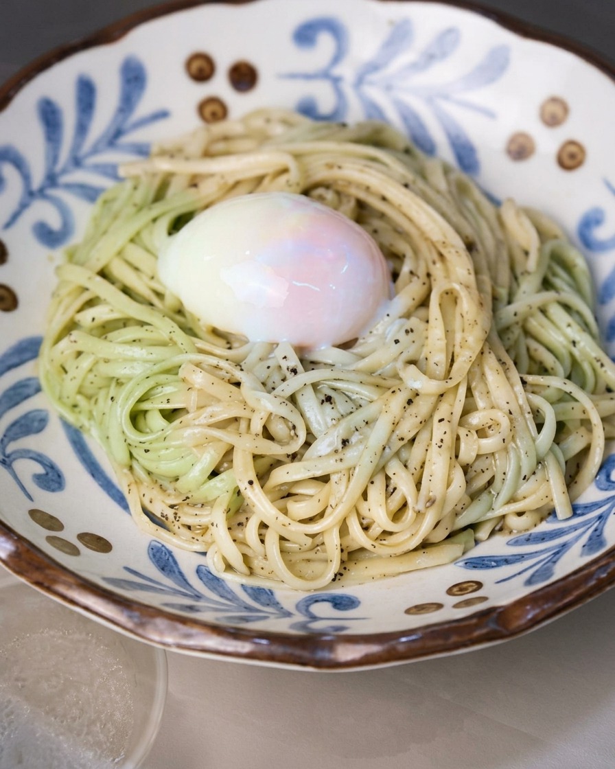 ソースが絡んだ麺が、青と白の装飾的なセラミックボウルにきれいに盛り付けられている様子。