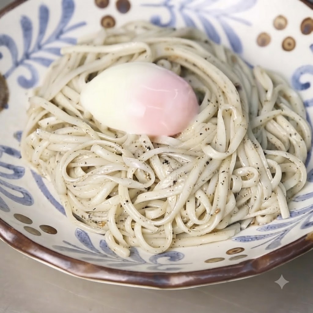 セラミックボウル内の麺の中央の窪みに置かれた柔らかい温泉卵。