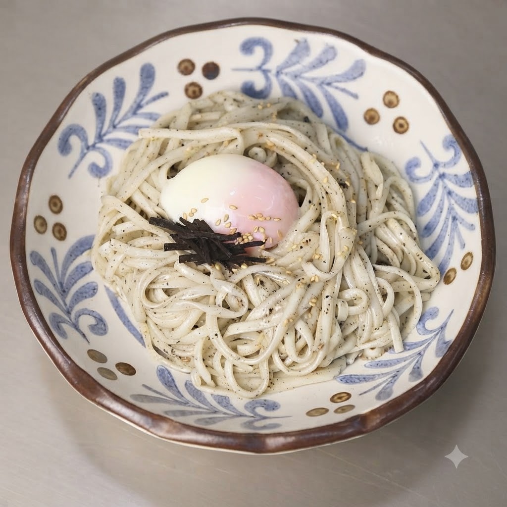 装飾的なボウル内の麺と温泉卵の上に均等に散らされた炒りごま。