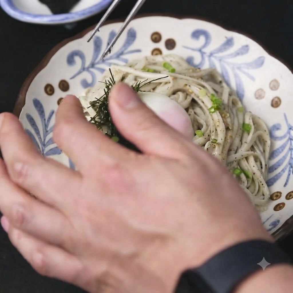 ピンセットを使って、麺の皿の上に刻み海苔を丁寧にトッピングしている手。