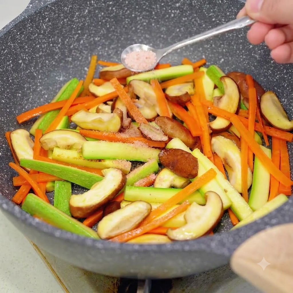 炒めた椎茸、にんじん、ズッキーニの入ったフライパンに、スプーンでピンクソルトを加えている様子