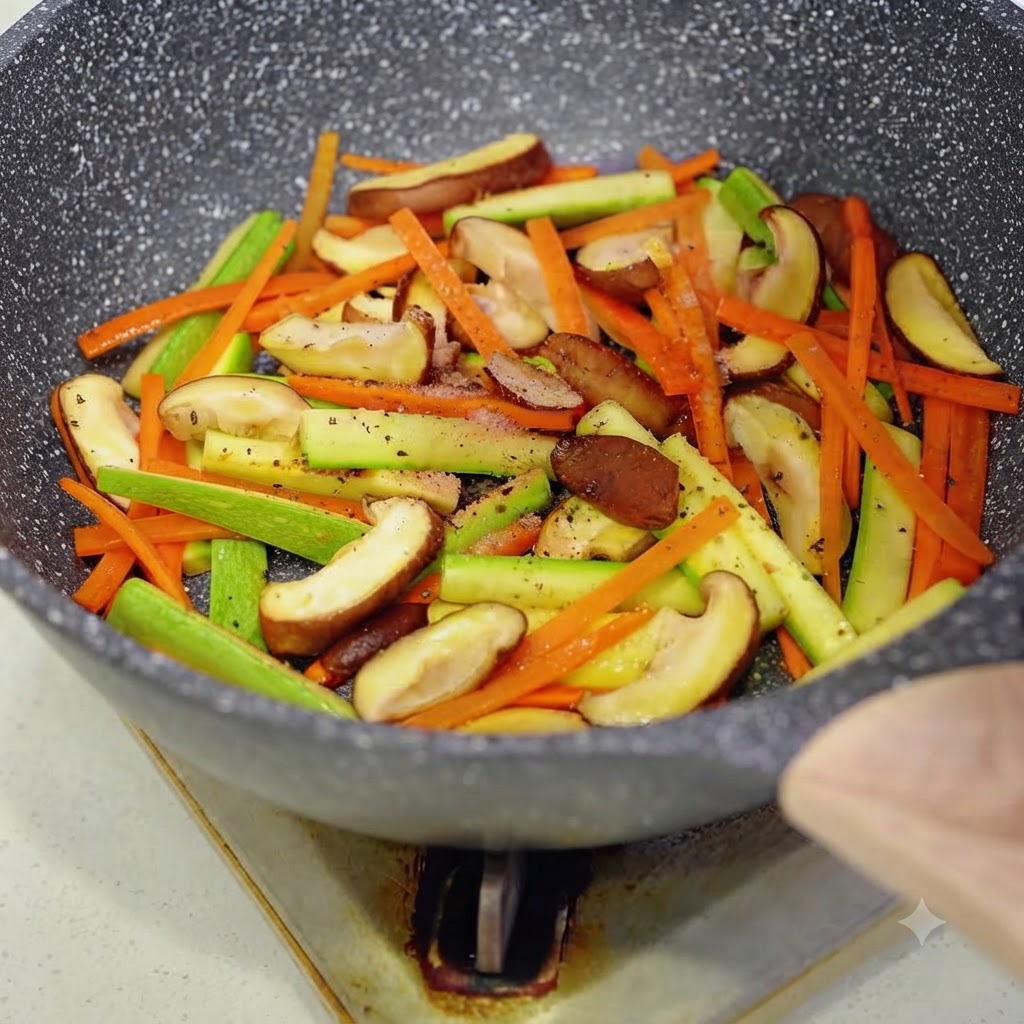 フライパンで炒めている色鮮やかな野菜の上に、黒こしょうを挽いている様子