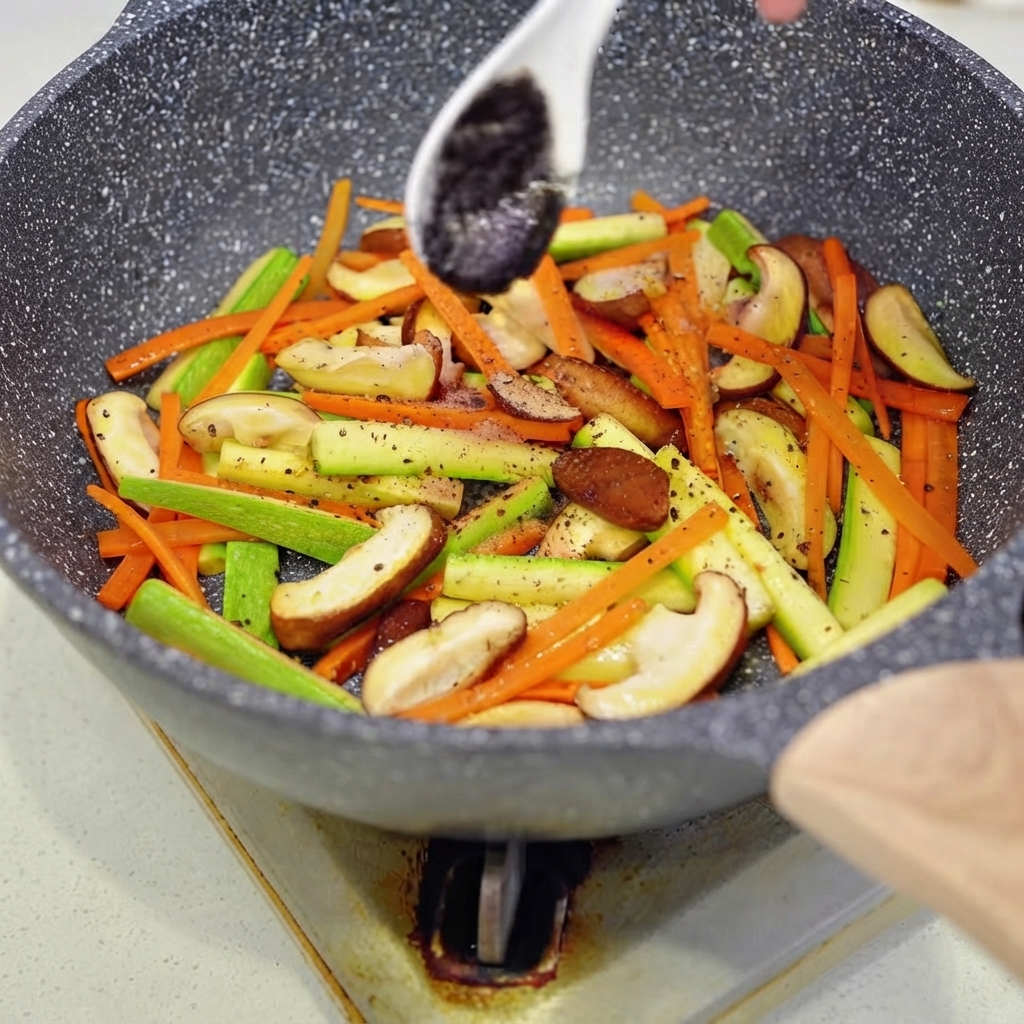炒めた野菜の入ったフライパンに、白いスプーンで黒トリュフソースを加えている様子
