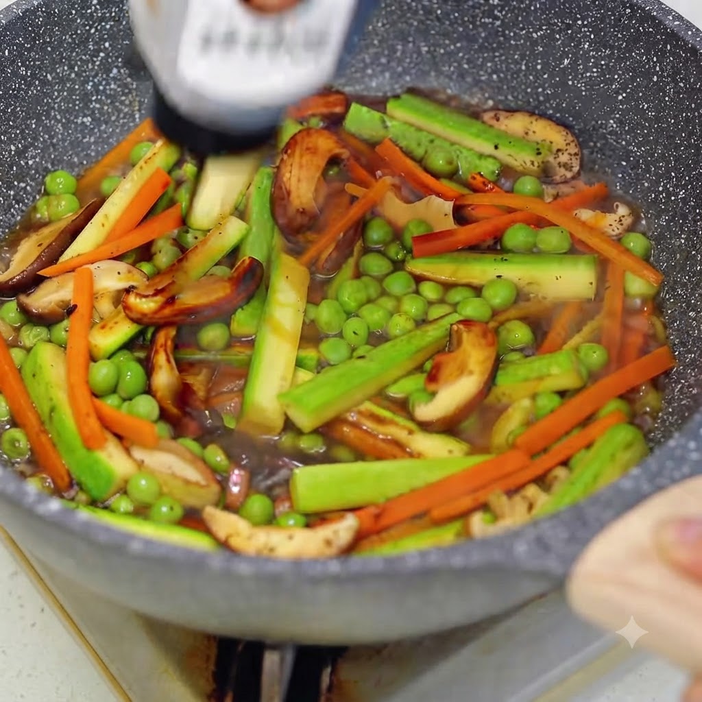 炒めた野菜とグリーンピースの入ったフライパンに、ボトルからソースを注いでいる様子