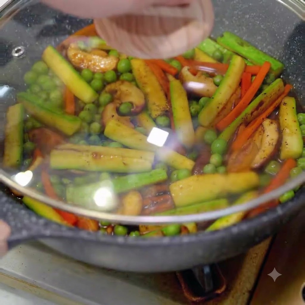 野菜と煮汁が入ったフライパンに、ガラス蓋をかぶせている様子