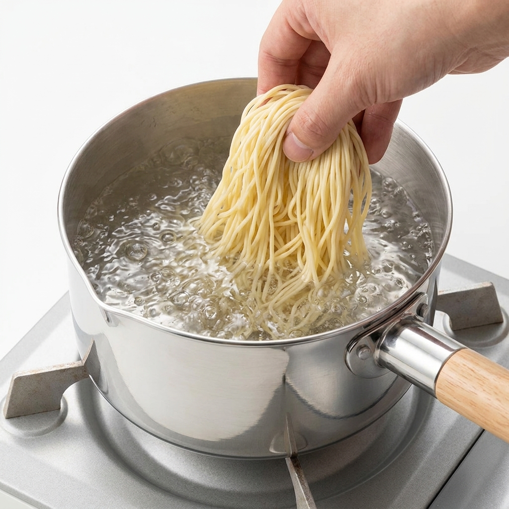 沸騰したお湯の入った鍋に、新鮮な麺を入れている様子
