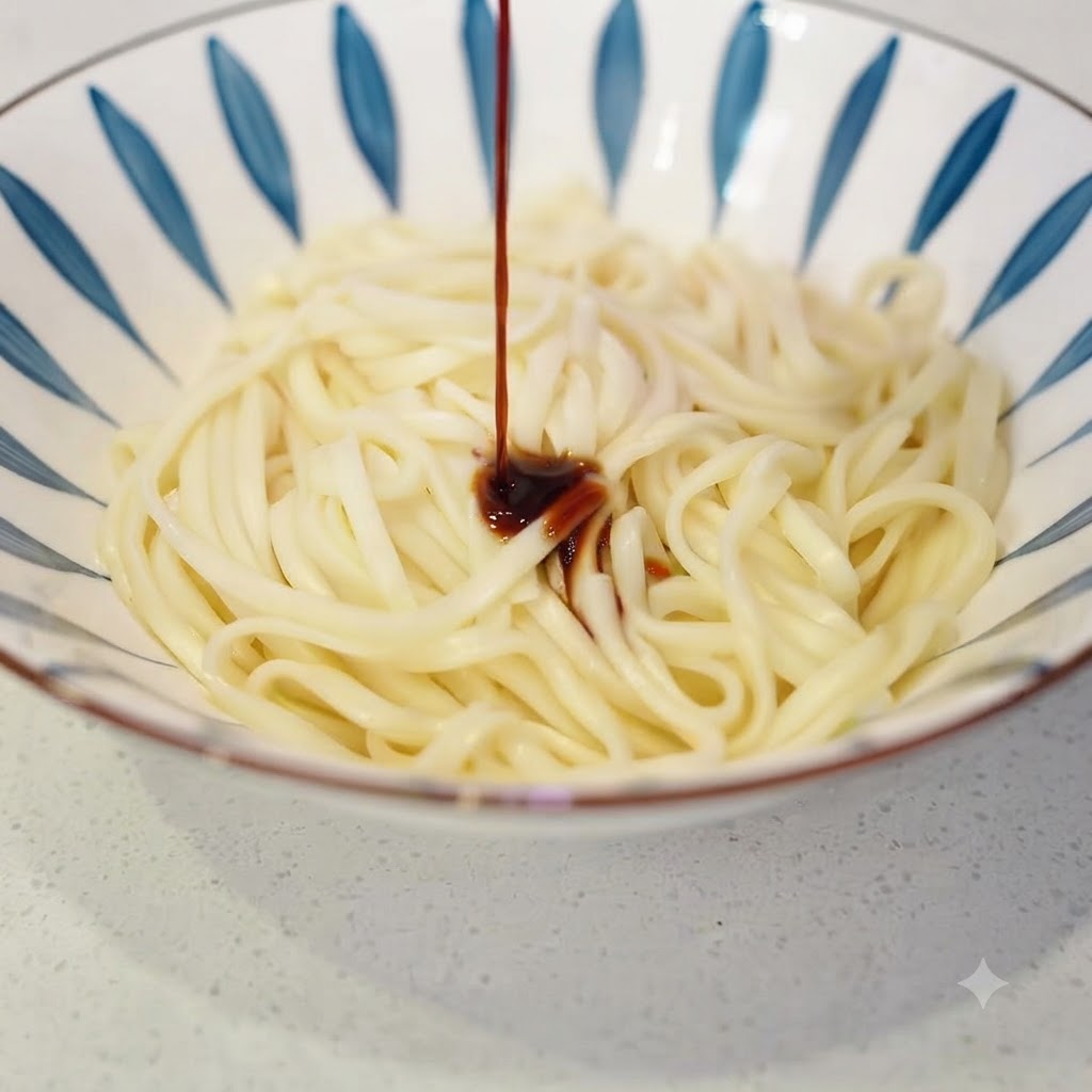茹でたての麺が入ったボウルに、薄口醤油を注いでいる様子