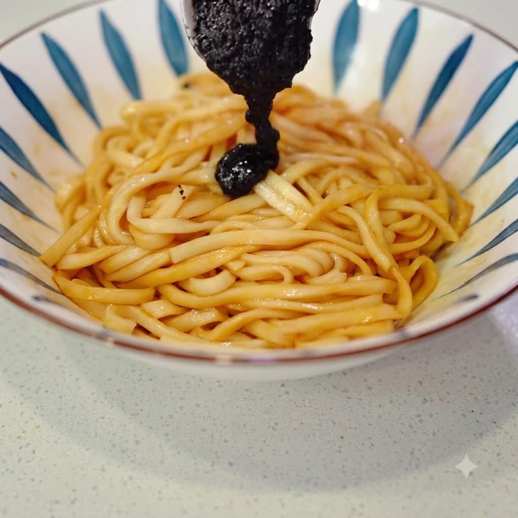 味付けした麺の上に、黒トリュフソースをたっぷりと加えている様子