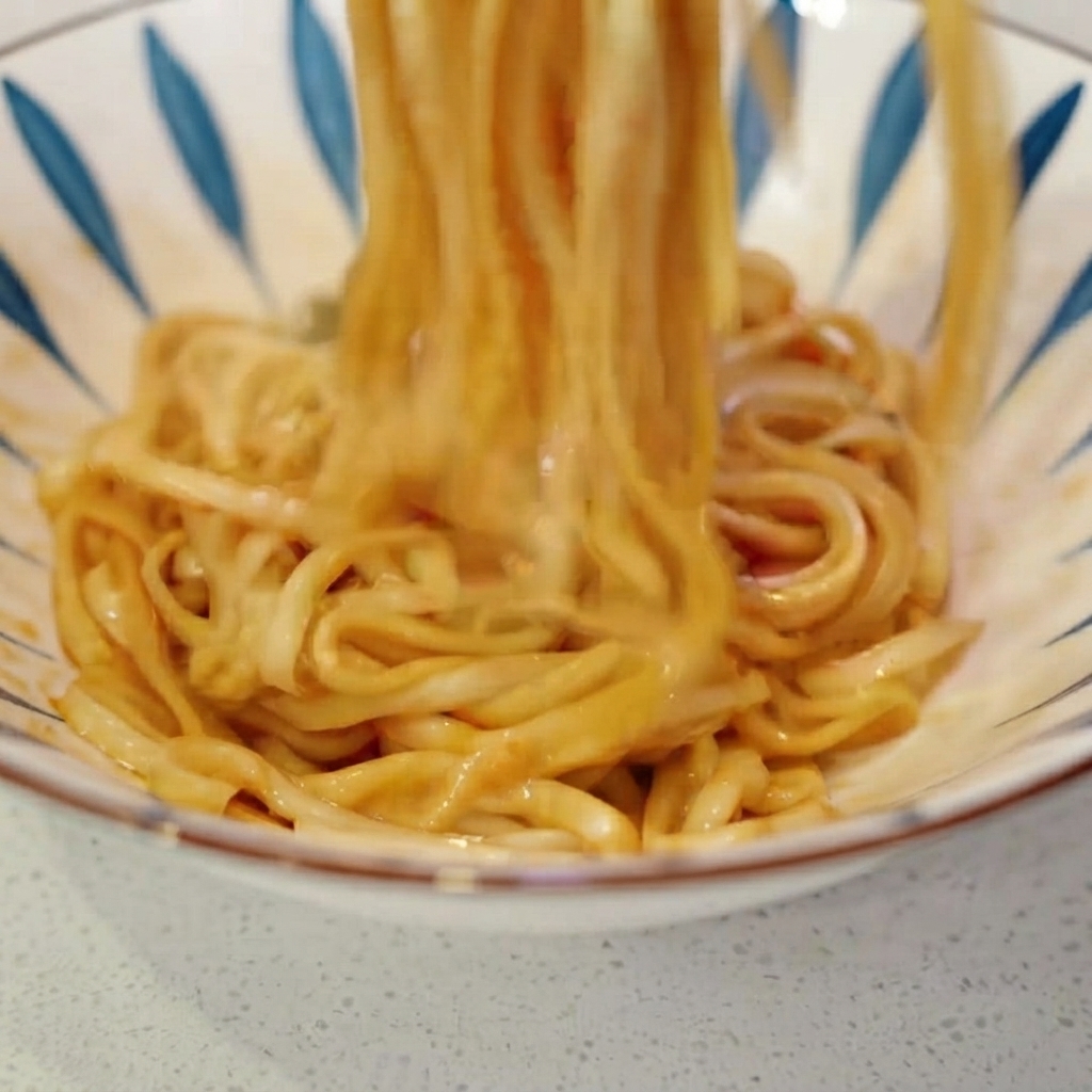 盛り付け用のボウルの中で、箸を使って麺とソースを混ぜ合わせている様子
