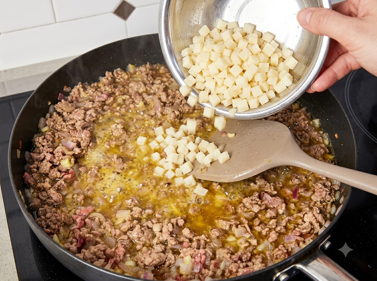 ボウルからみじん切りにしたキノコを、牛肉と玉ねぎが入ったフライパンに投入している様子。