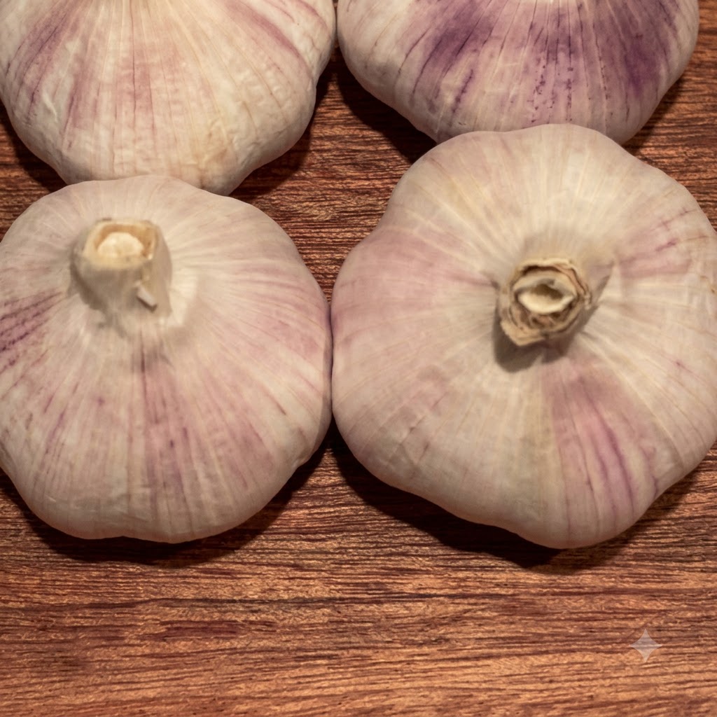 木製のまな板に置かれた皮をむいたニンニクの cloves を包丁で薄切りにしている様子