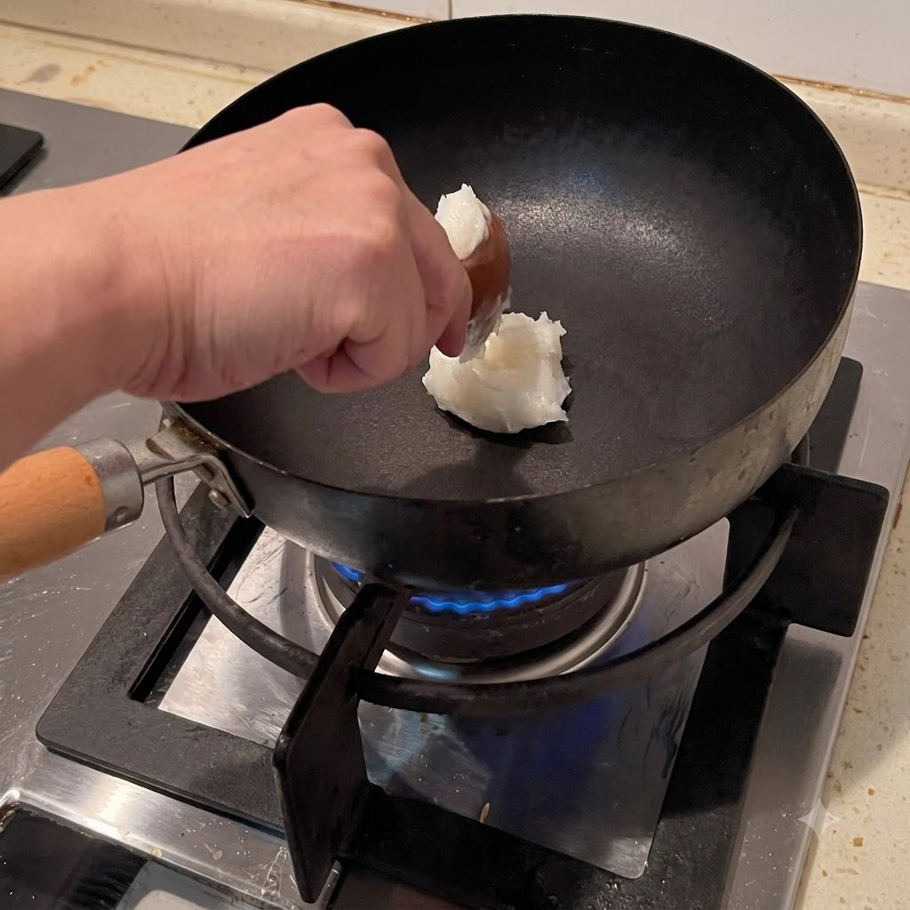 青い炎の上の熱した中華鍋でラードが溶けてオイル状になっている様子