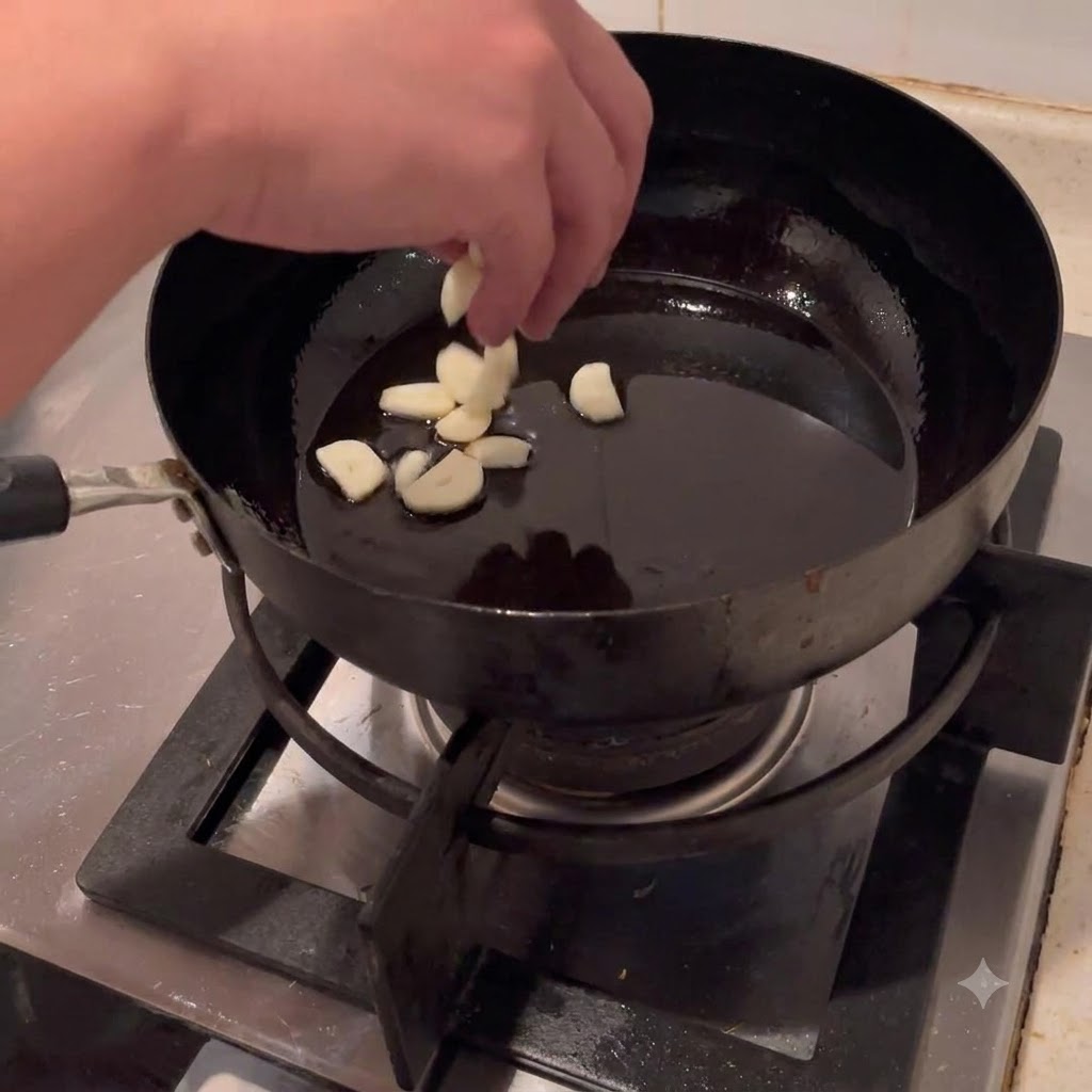 中華鍋の中の熱した油にスライスしたニンニクを入れている様子